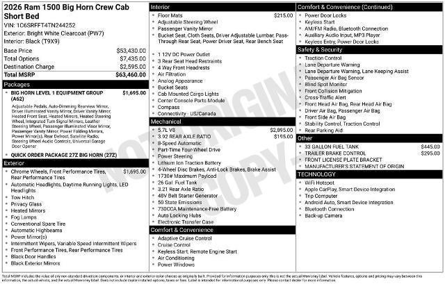 2026 RAM 1500 Big Horn 4x4 Crew Cab 5'7" Box